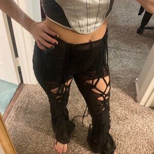 Dollskill Black Mesh Ruched Cut Out criss cross corset flared pant darker Wavs